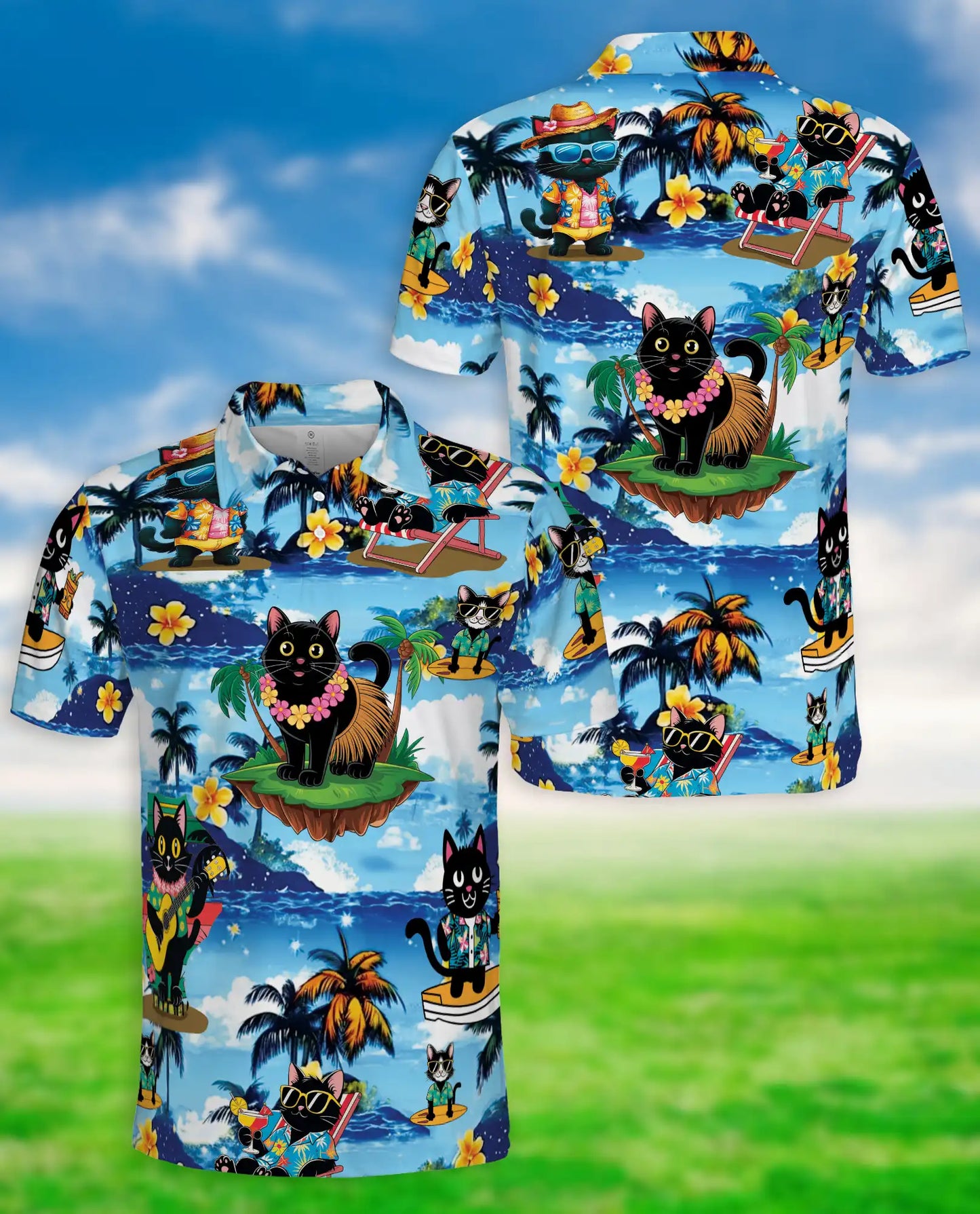 Tropical Black Cat 3D Polo Shirt for Men – Hawaiian Beach Cartoon Style | Netecom