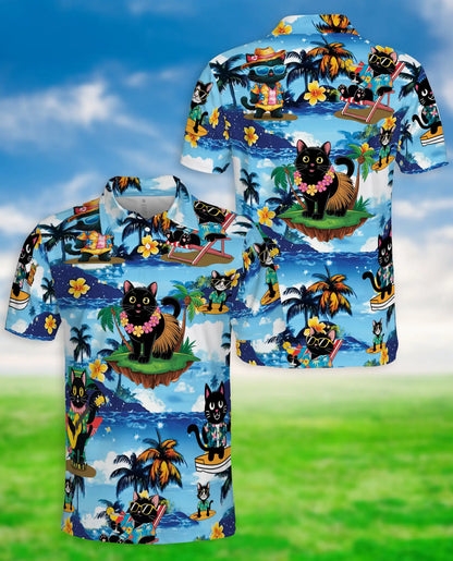 Tropical Black Cat 3D Polo Shirt for Men – Hawaiian Beach Cartoon Style | Netecom