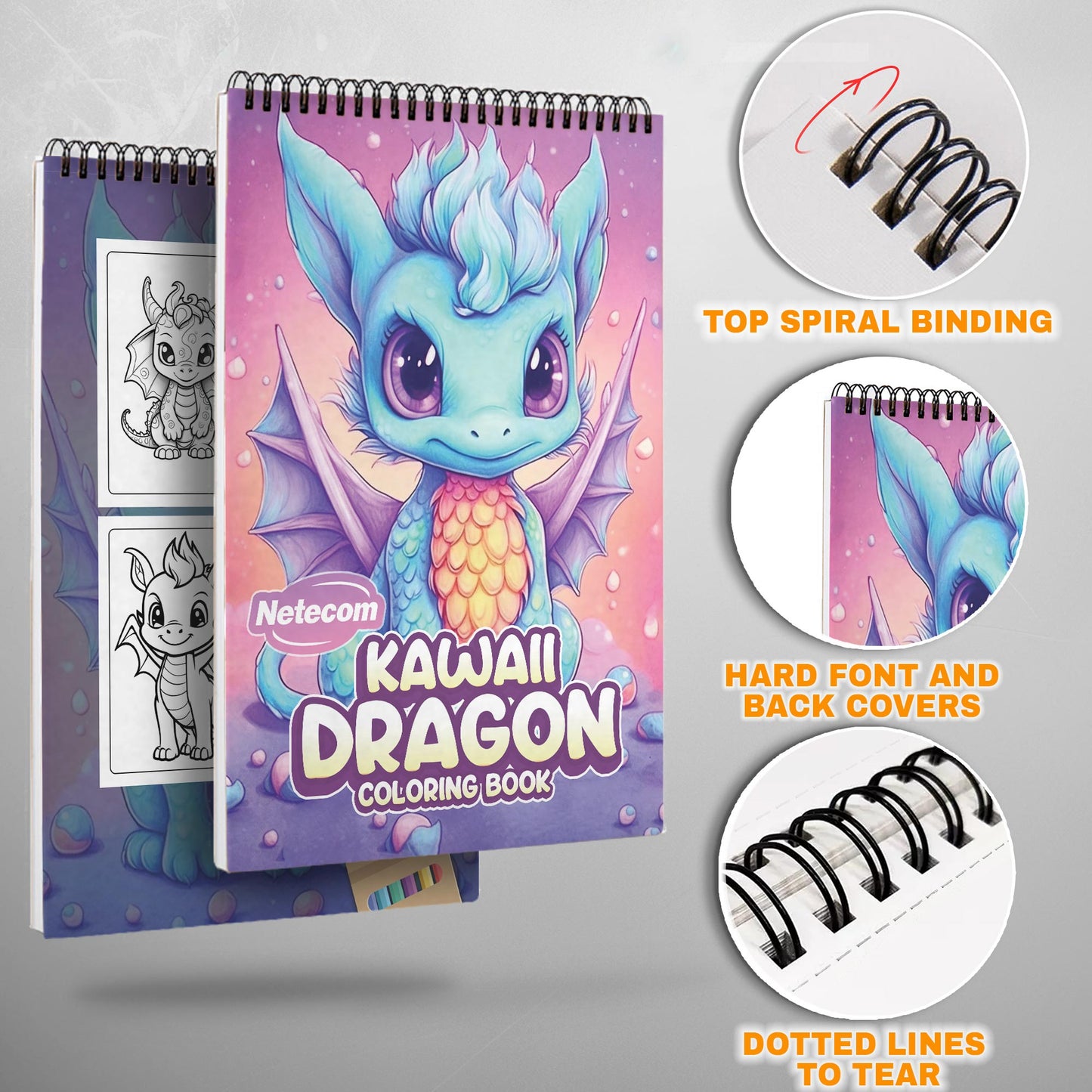 Kawaii Dragons Spiral Bound Coloring Book, Cute and Whimsical Kawaii Dragons, Ideal for Fans of Fantasy and Adorable Artistic Adventures