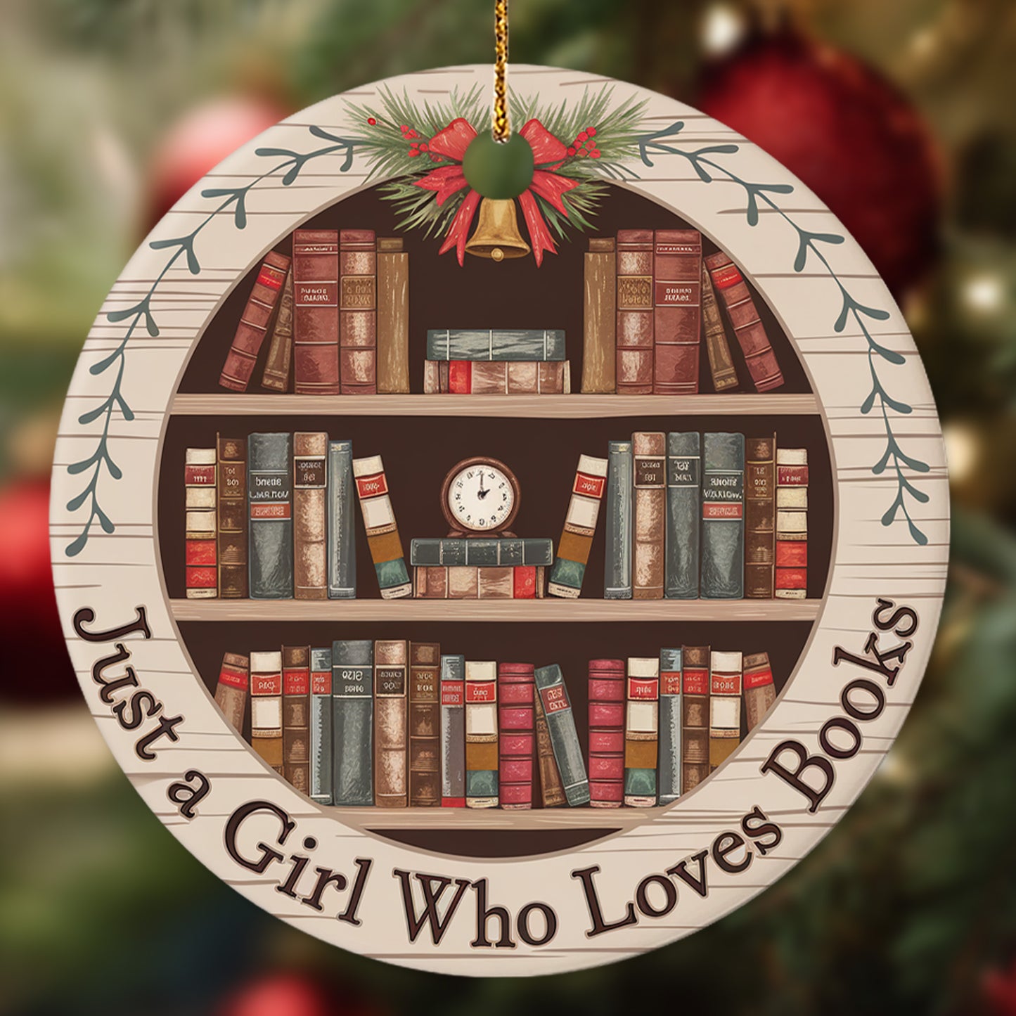 Netecom Just a Girl Who Loves Books Ornament, Bookshelf Circle Ceramic Ornament for Christmas Tree Hanging Decorations Gift, Book Lover Gifts for Women Librarian Teacher Bookworm Literature