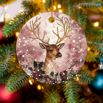Netecom Reindeer Pink Ornament, Ceramic Deer and Flowers Keepsake Ornament for Xmas Tree Decorations, Reindeer Lover Gift, Gifts for Holiday, Party, Home Decor