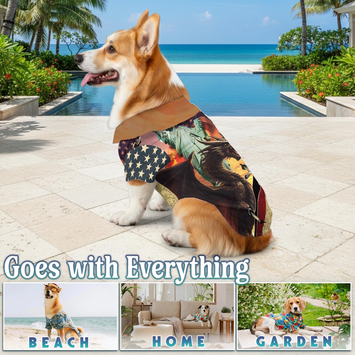 Netecom Matching Dragon US Flag Hawaiian Shirt for Dog and Owner, Patriotic Aloha Summer Shirt, Dragon Flag Print Button Down Outfit for Pet and Human, Beach Vacation Casual Wear