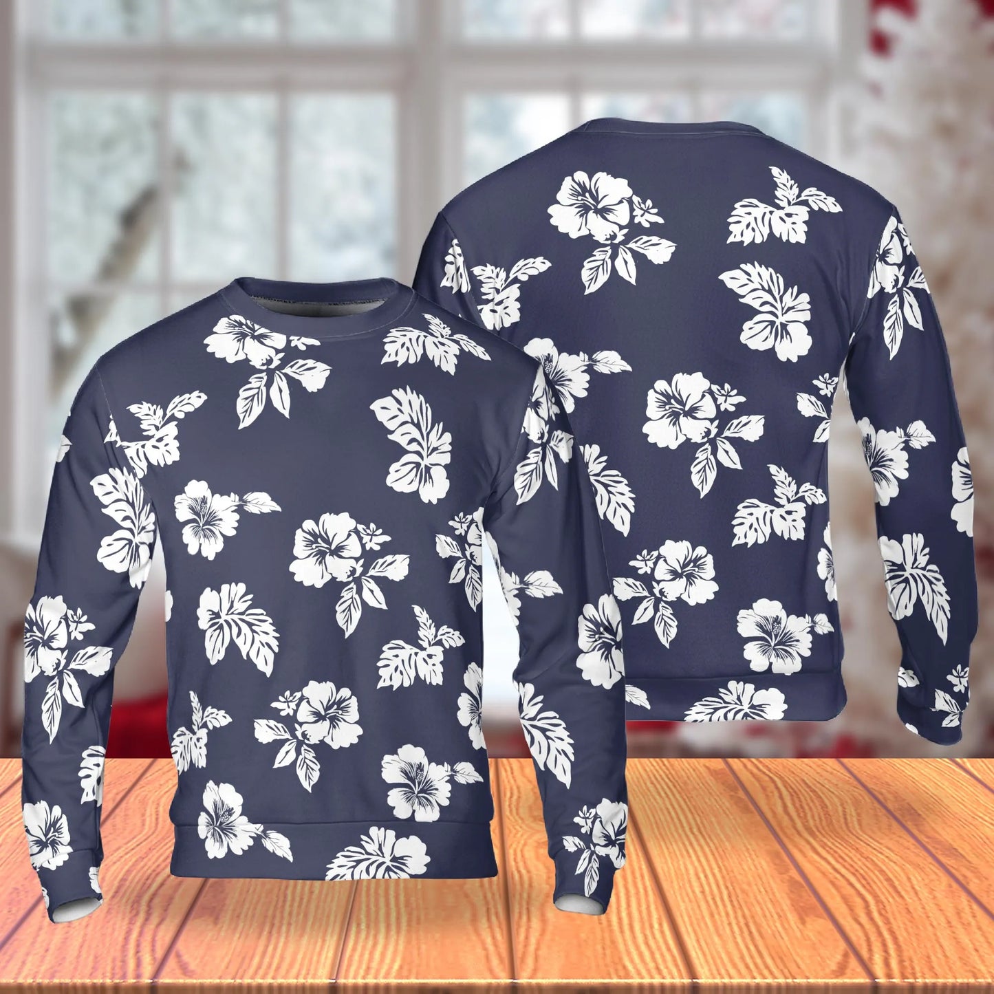 White Hibiscus Pattern Navy Blue Sweatshirt, 3D All Over Print Tropical Floral Crewneck Pullover for Men Women, Hibiscus Lover Gift - Netecom
