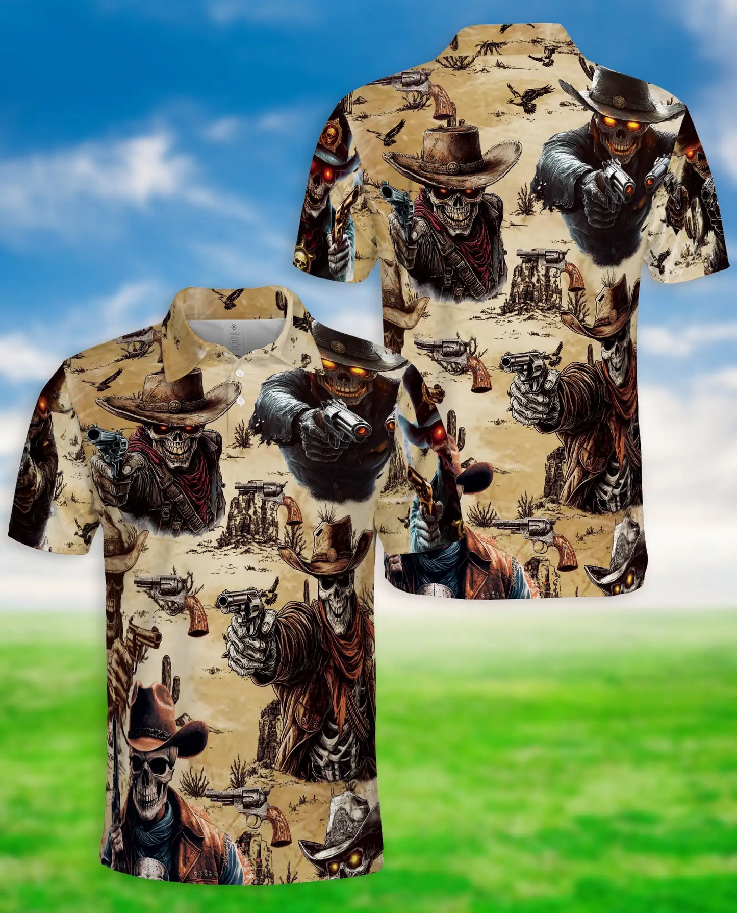Skeleton Cowboy Gunslinger Polo Shirt Wild West Skull Western Outlaw Design | Netecom