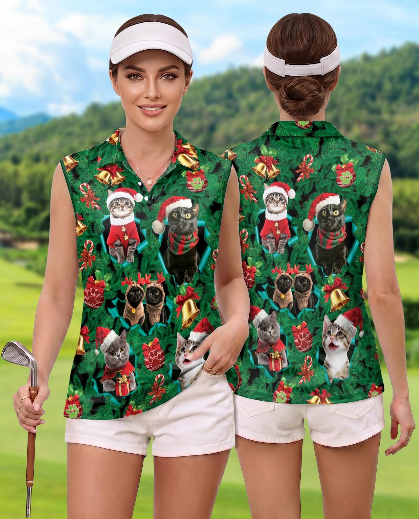 Cats Christmas Sleeveless Polo Shirt for Women – Cute Holiday Style | Netecom