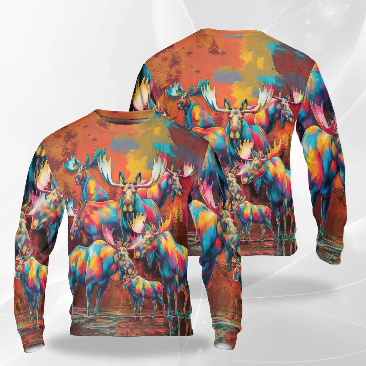 Colorful Moose Sweatshirt, 3D All Over Print Wildlife Crewneck Pullover for Men Women, Moose Lover Gift - Netecom