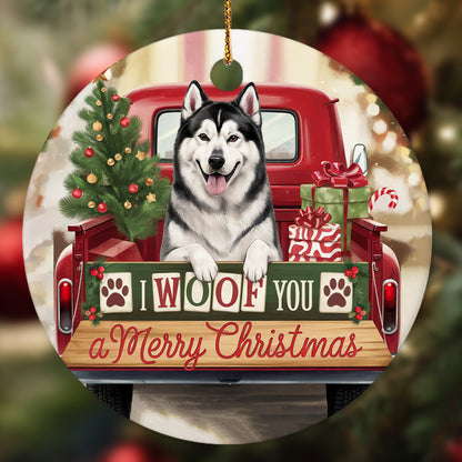 Netecom Funny Alaskan Malamute in Red Truck Ornament, I Woof You a Merry Christmas Ceramic Ornament for Christmas Tree Hanging Decorations Gift, Dog Lover Gifts, Holiday Party Present