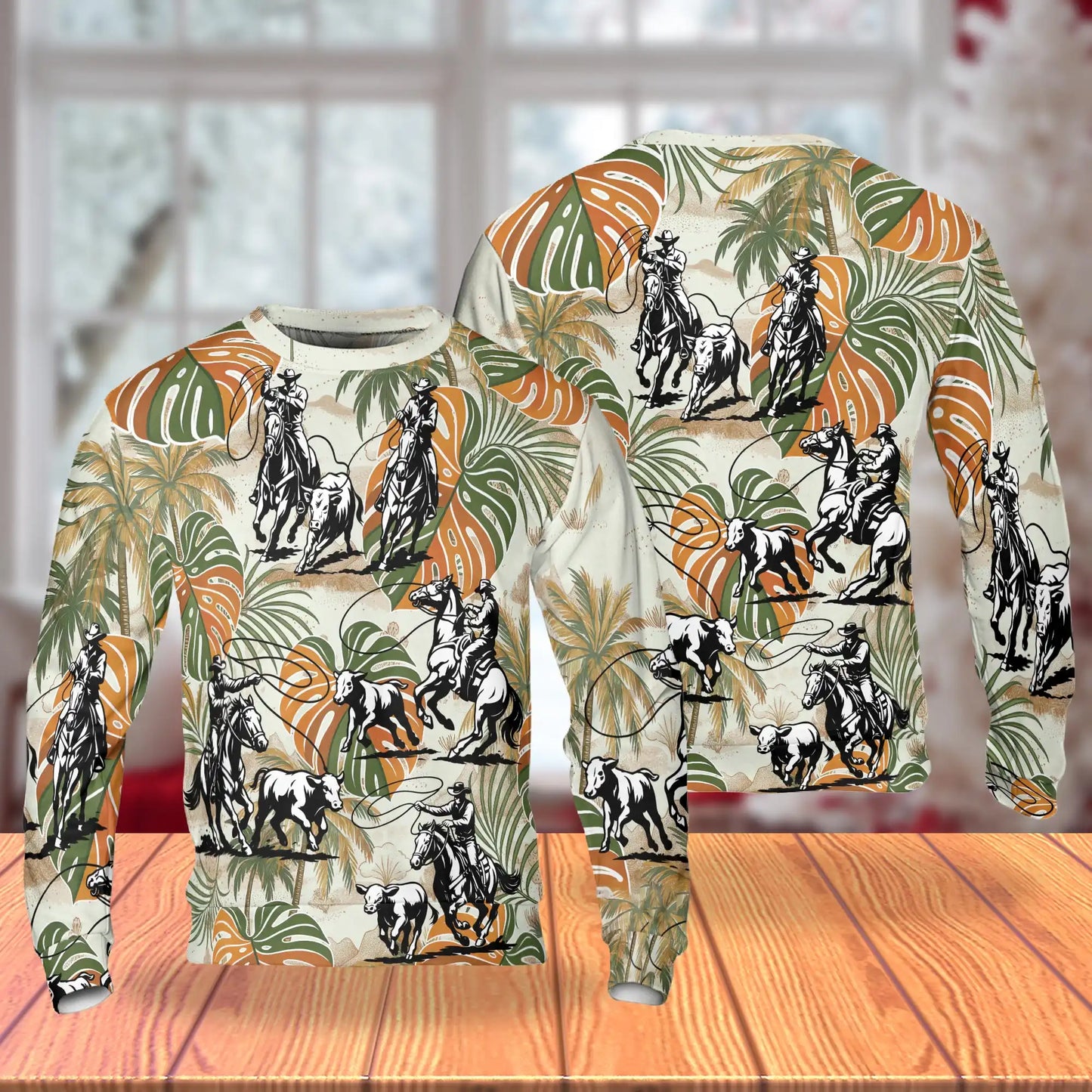 Roping Colorful Leaves Sweatshirt, 3D All Over Print Western Rodeo Floral Crewneck Pullover for Men Women, Roping Lover Gift - Netecom