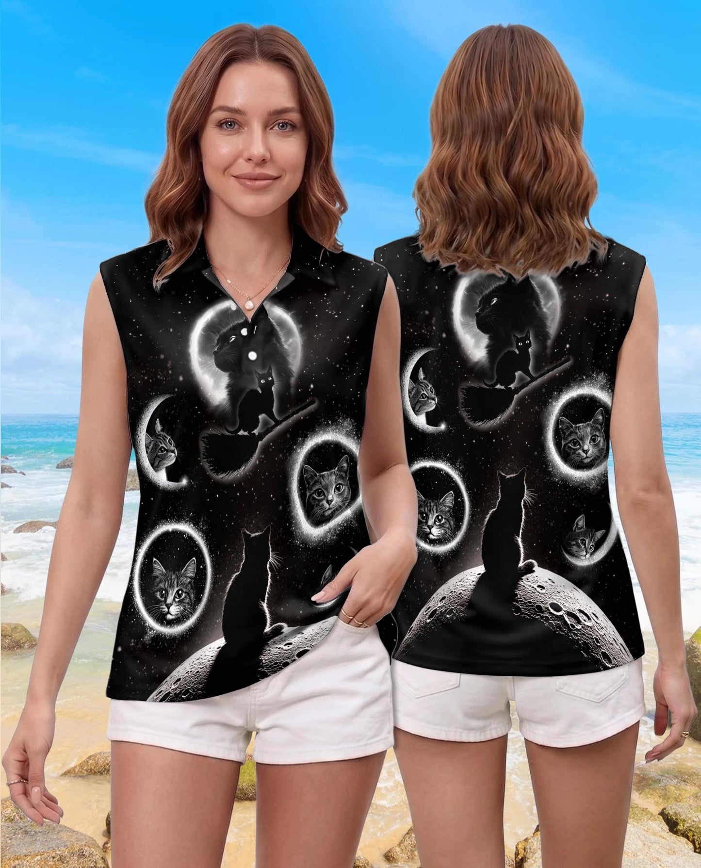Black Cat Moonlight Sleeveless Polo Shirt for Women | Netecom
