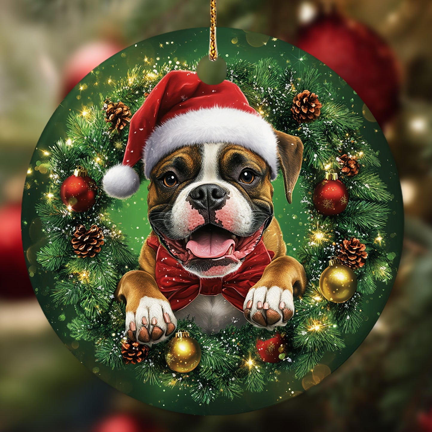 Netecom Cute Boxer Christmas Ornament, Dog Santa Hat Ceramic Ornament for Xmas Tree Hanging Decorations Gift, Puppy Lover Gifts, Home Decor, Holiday Party Present