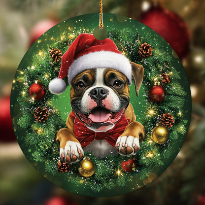 Netecom Cute Boxer Christmas Ornament, Dog Santa Hat Ceramic Ornament for Xmas Tree Hanging Decorations Gift, Puppy Lover Gifts, Home Decor, Holiday Party Present