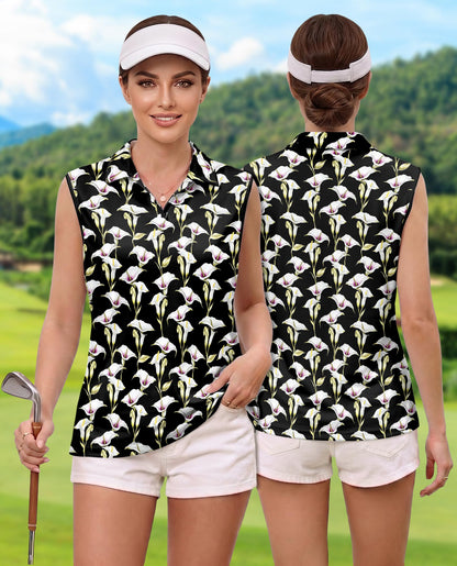 Black Calla Lily Sleeveless Polo Shirt for Women | Netecom