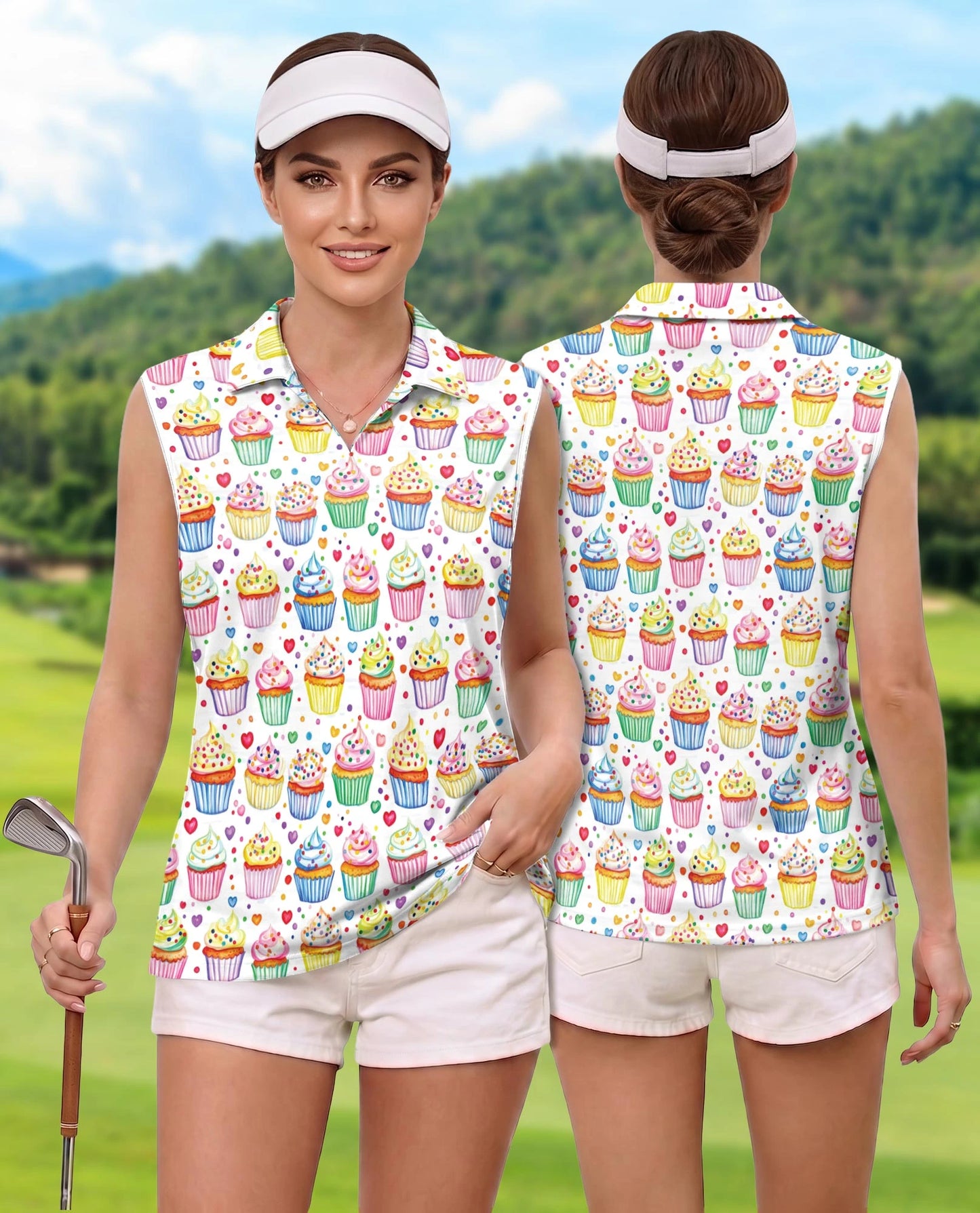 Cupcake Pattern Sleeveless Polo Shirt for Women | Netecom