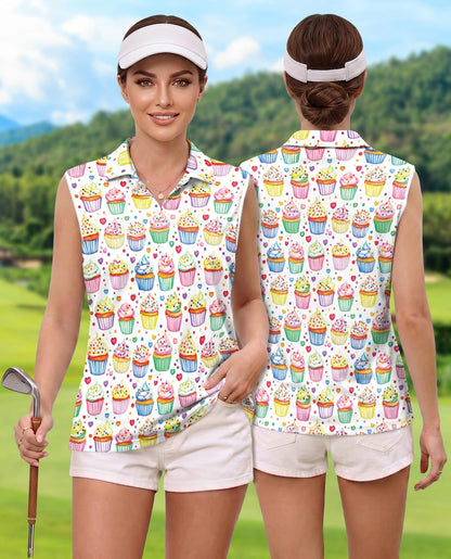 Cupcake Pattern Sleeveless Polo Shirt for Women | Netecom