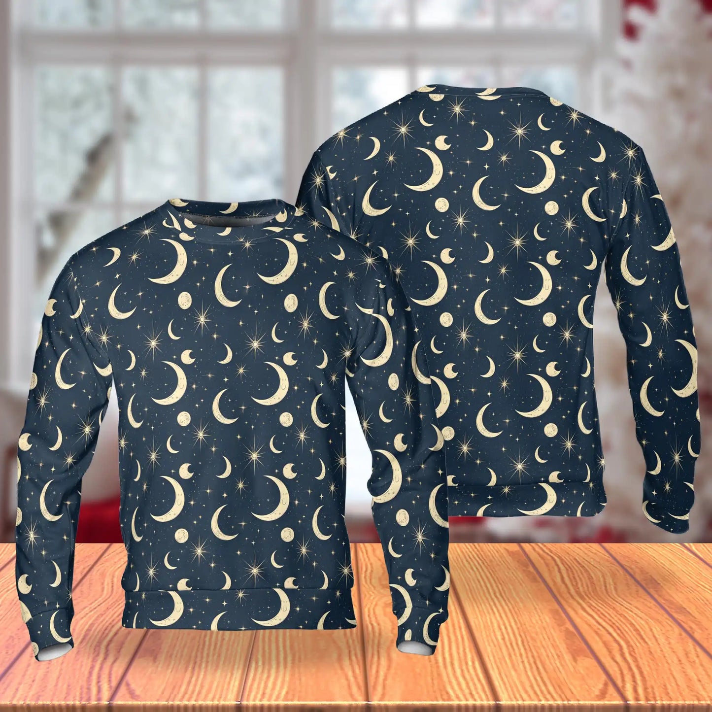 Cool Gold Half Moon Abstract Pattern Sweatshirt, 3D All Over Print Celestial Geometric Crewneck Pullover for Men Women, Moon Lover Gift - Netecom