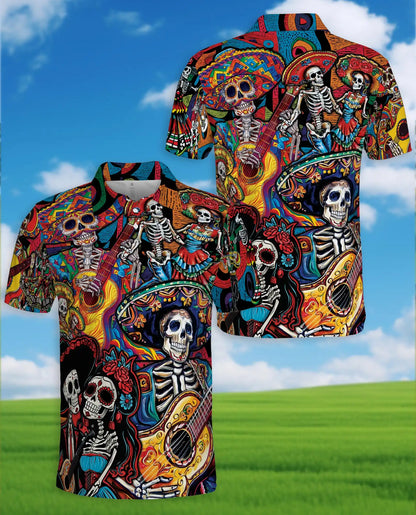 Colorful Skeleton Guitar Polo Shirt for Men – Musical Skull Design | Netecom