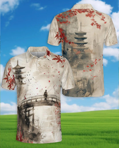 Japanese Ink Landscape Polo Shirt - Zen Asian Art Style | Netecom