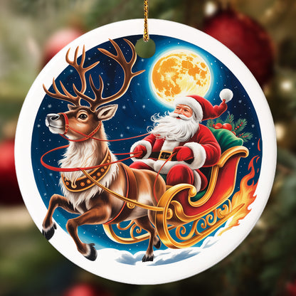 Netecom Funny Santa Claus Sleigh Ornament, Santa Claus and Reindeer Ceramic Ornament for Xmas Tree Hanging Decorations Gift, Gifts for Friends & Family, Holiday Party Present