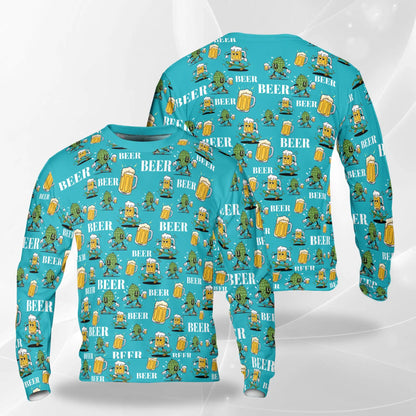 Cartoon Beer Hops Sweatshirt, 3D All Over Print Funny Brewing Crewneck Pullover for Men Women, Beer Lover Gift - Netecom