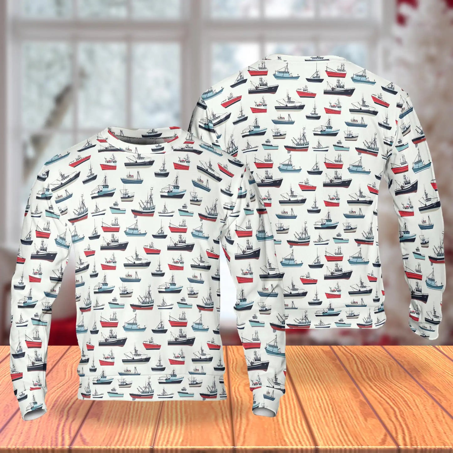 Fishing Boat Pattern Sweatshirt, 3D All Over Print Nautical Ocean Crewneck Pullover for Men Women, Fishing Lover Gift - Netecom