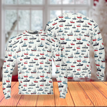 Fishing Boat Pattern Sweatshirt, 3D All Over Print Nautical Ocean Crewneck Pullover for Men Women, Fishing Lover Gift - Netecom