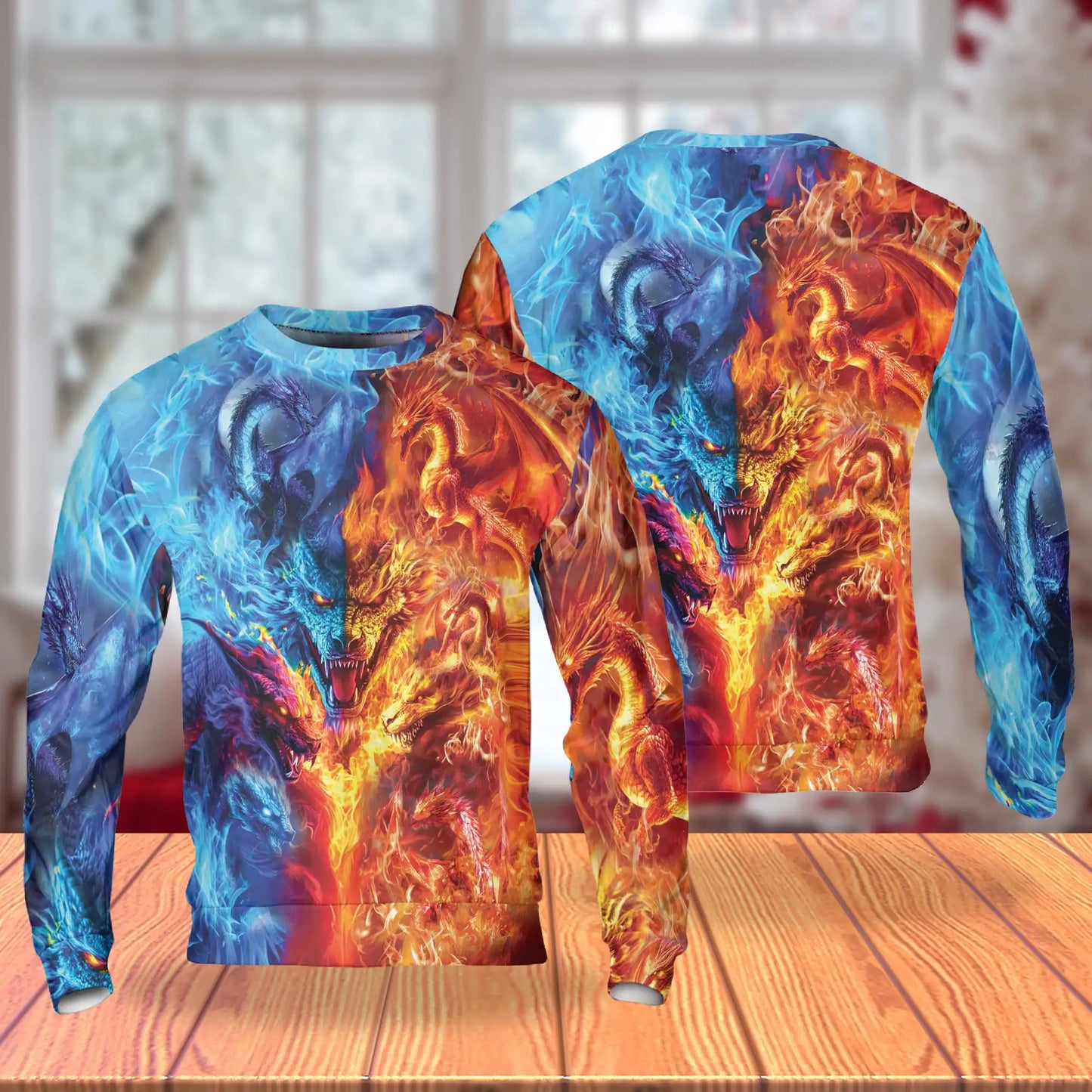 Ice and Fire Dragon Sweatshirt, 3D All Over Print Fantasy Dragon Crewneck Pullover for Men Women, Dragon Lover Gift - Netecom