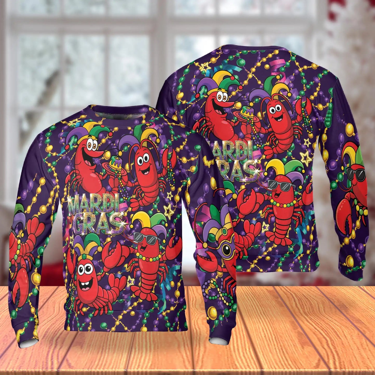 Happy Mardi Gras Shrimps Sweatshirt, 3D All Over Print Carnival Seafood Crewneck Pullover for Men Women, Mardi Gras Gift - Netecom