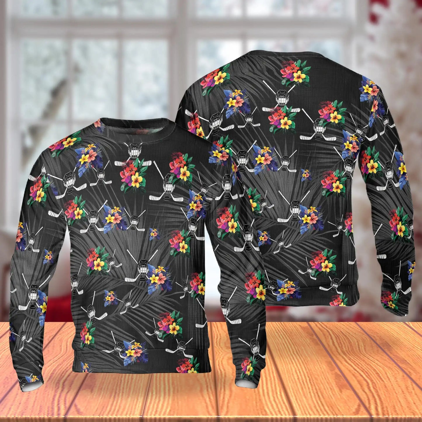 Simple Hockey Tropical Black Sweatshirt, 3D All Over Print Ice Hockey Palm Tree Crewneck Pullover for Men Women, Hockey Player Gift - Netecom