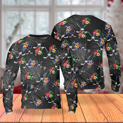Simple Hockey Tropical Black Sweatshirt, 3D All Over Print Ice Hockey Palm Tree Crewneck Pullover for Men Women, Hockey Player Gift - Netecom