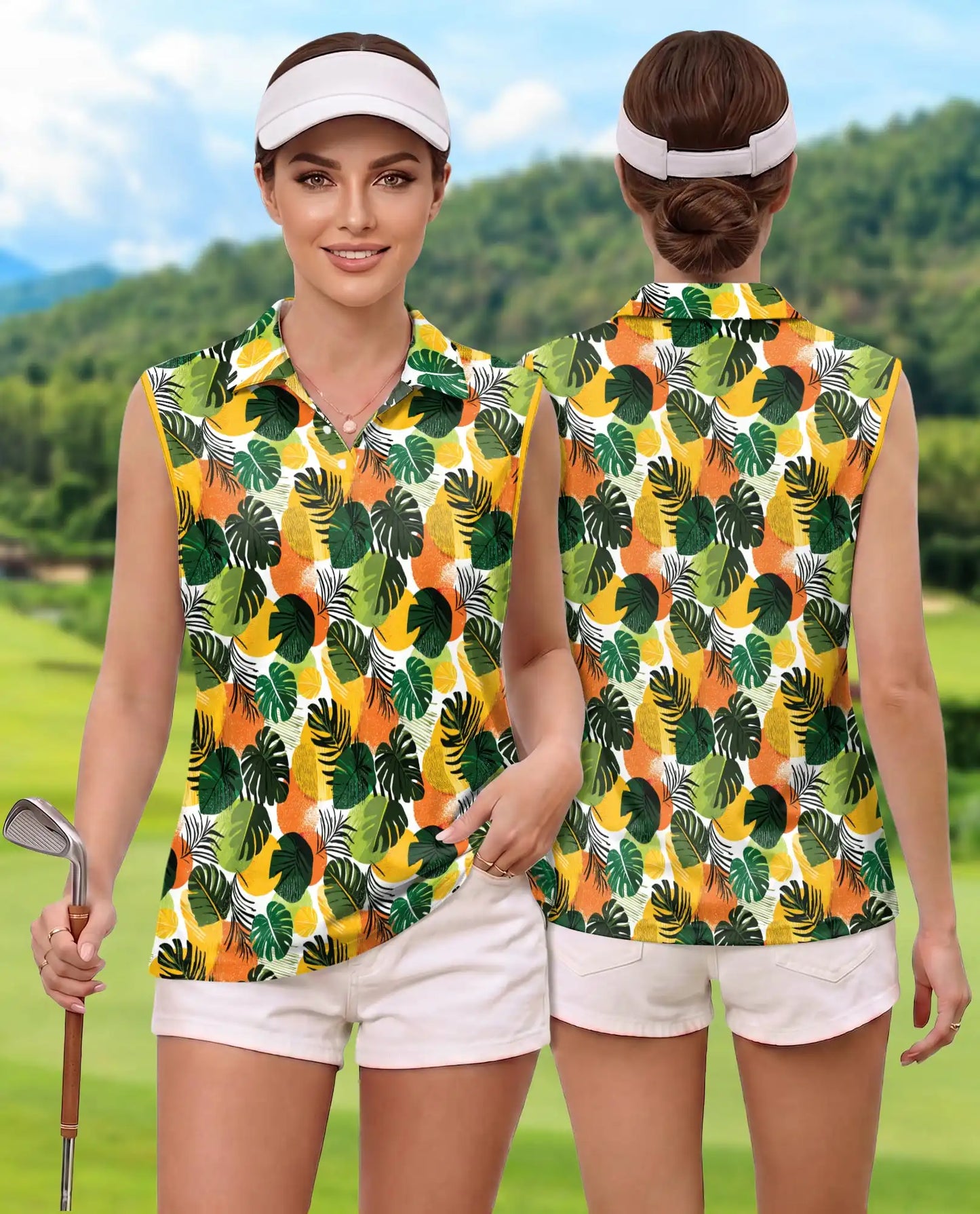 Monstera Leaf Print Sleeveless Polo Shirt for Women – Tropical Botanical Style | Netecom