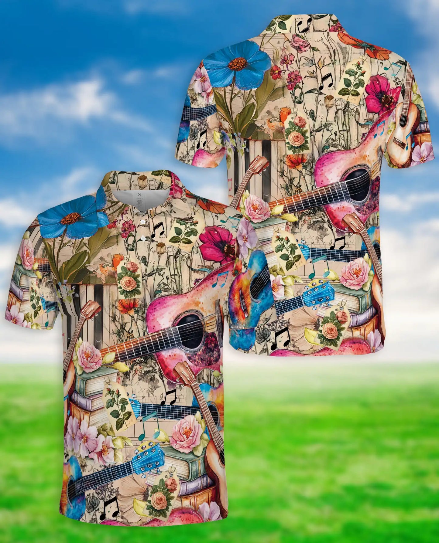 Acoustic Guitar Polo Shirt – Floral Music Art Print | Netecom