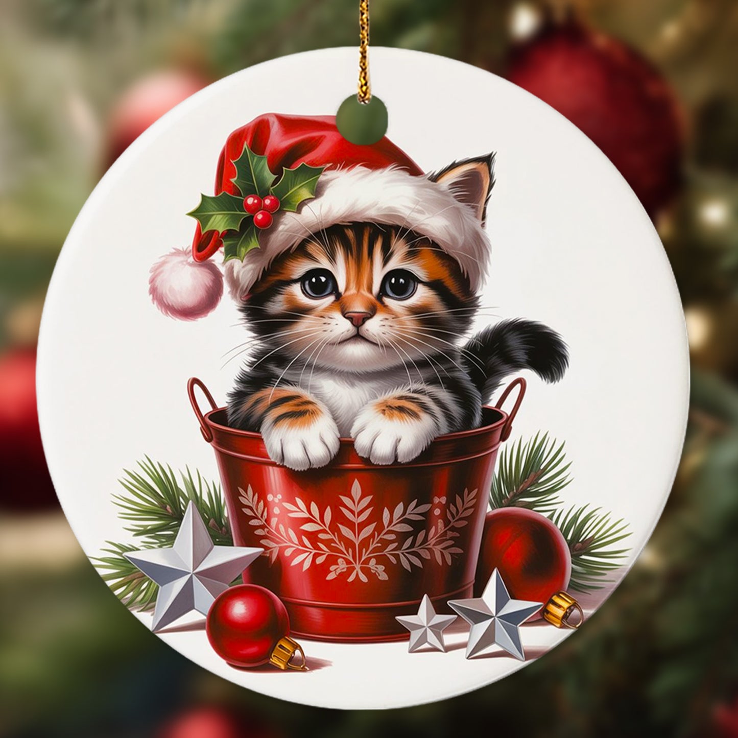 Netecom Cute Cat in Bucket Ornament, Cat with Santa Hat Ceramic Ornament for Christmas Tree Hanging Decorations Gift, Pet Lover Gifts, Home Decor, Holiday Party Present