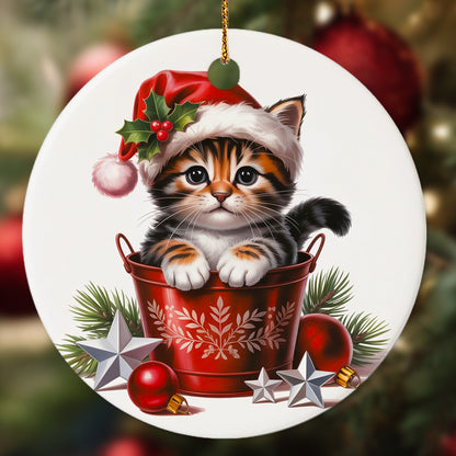 Netecom Cute Cat in Bucket Ornament, Cat with Santa Hat Ceramic Ornament for Christmas Tree Hanging Decorations Gift, Pet Lover Gifts, Home Decor, Holiday Party Present
