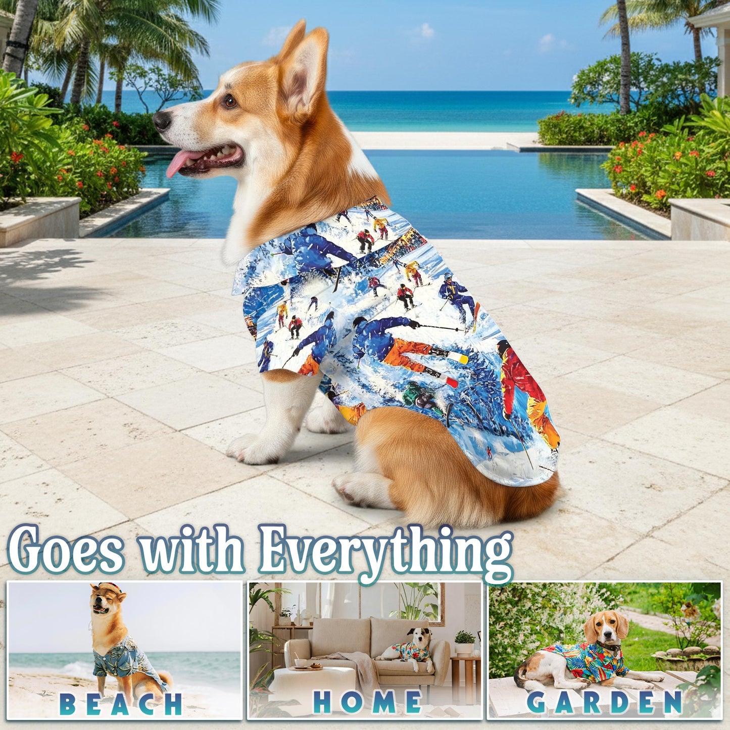 Netecom Matching Vintage Skiing Hawaiian Shirt for Dog and Owner, Aloha Summer Shirt, Retro Ski Print Outfit for Pet and Human, Beach Vacation Casual Wear