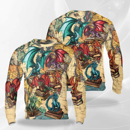 Book Dragon Sweatshirt, 3D All Over Print Fantasy Reading Crewneck Pullover for Men Women, Book Lover Dragon Gift - Netecom