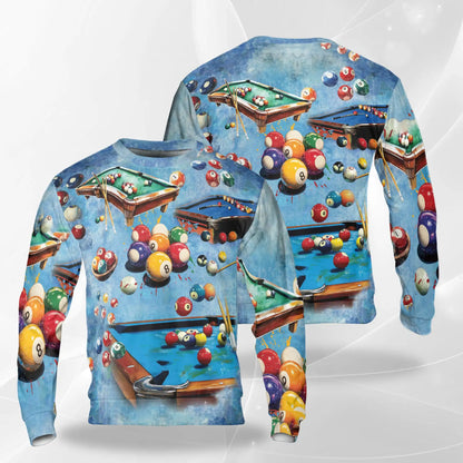 Billiards Pool Sweatshirt, 3D All Over Print Blue Pool Table Crewneck Pullover for Men Women, Billiards Player Gift - Netecom