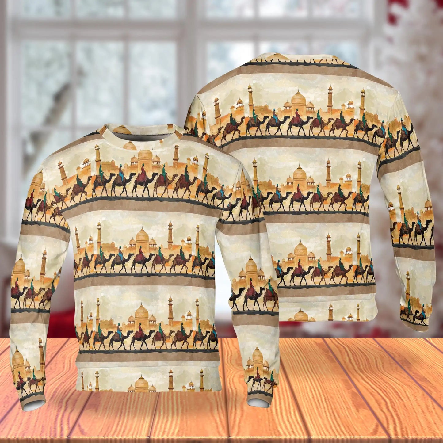 Camel Caravan Desert Sweatshirt, 3D All Over Print Arabian Desert Landscape Crewneck Pullover for Men Women, Desert Lover Gift - Netecom
