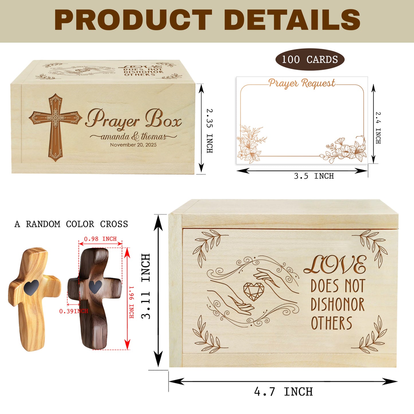 Netecom Personalized Couple Prayer Box for Valentine’s Day with 100 Prayer Request Cards & Wooden Cross – Christian Love Gift with Custom Names and Date