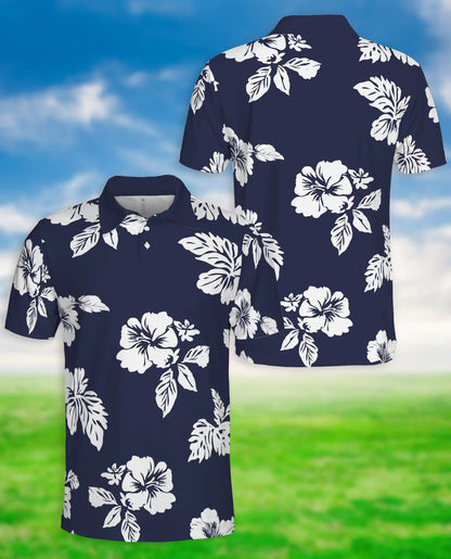 Navy Blue Hibiscus Polo Shirt for Men- Print Tropical Floral | Netecom