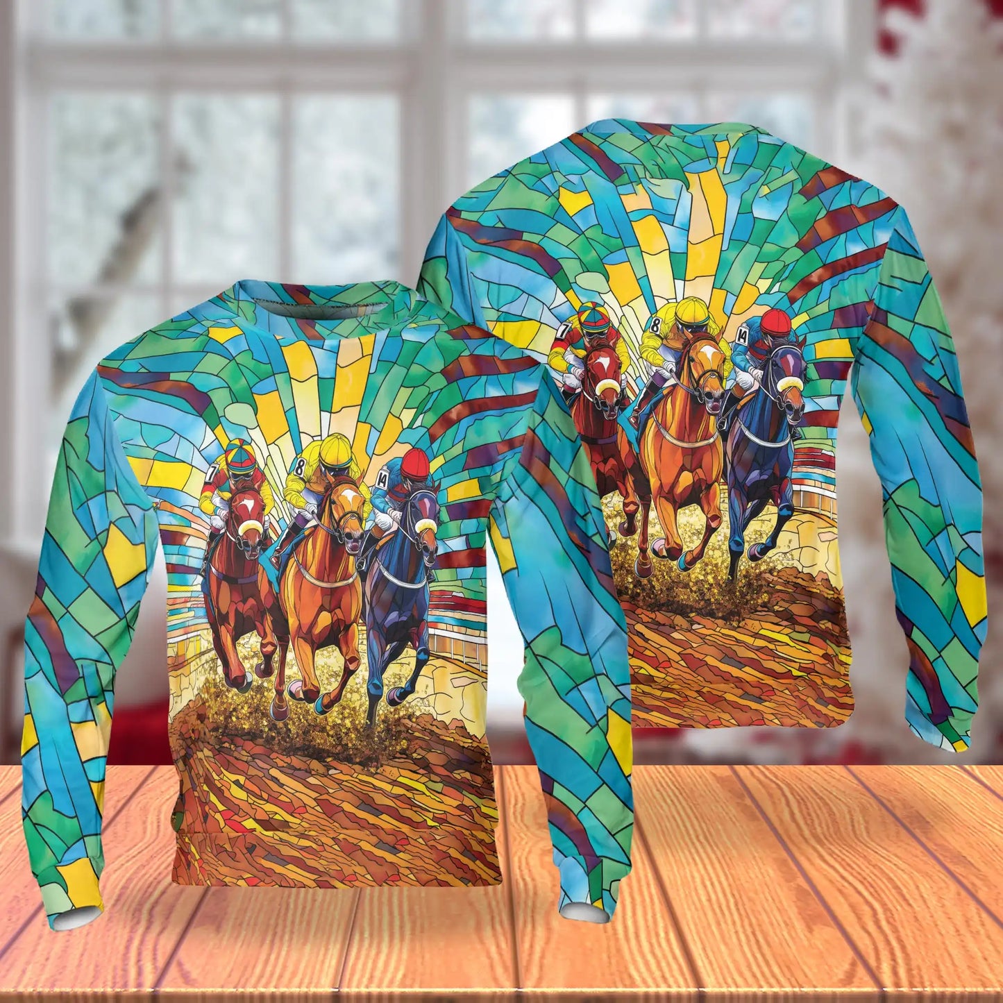 Faux Stained Glass Horse Jockey Sweatshirt, 3D All Over Print Equestrian Racing Art Crewneck Pullover for Men Women, Horse Racing Lover Gift - Netecom