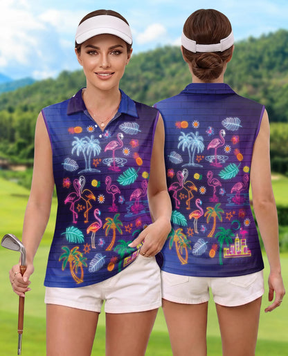 Synthwave Neon Tropical Sleeveless Polo Shirt for Women | Netecom