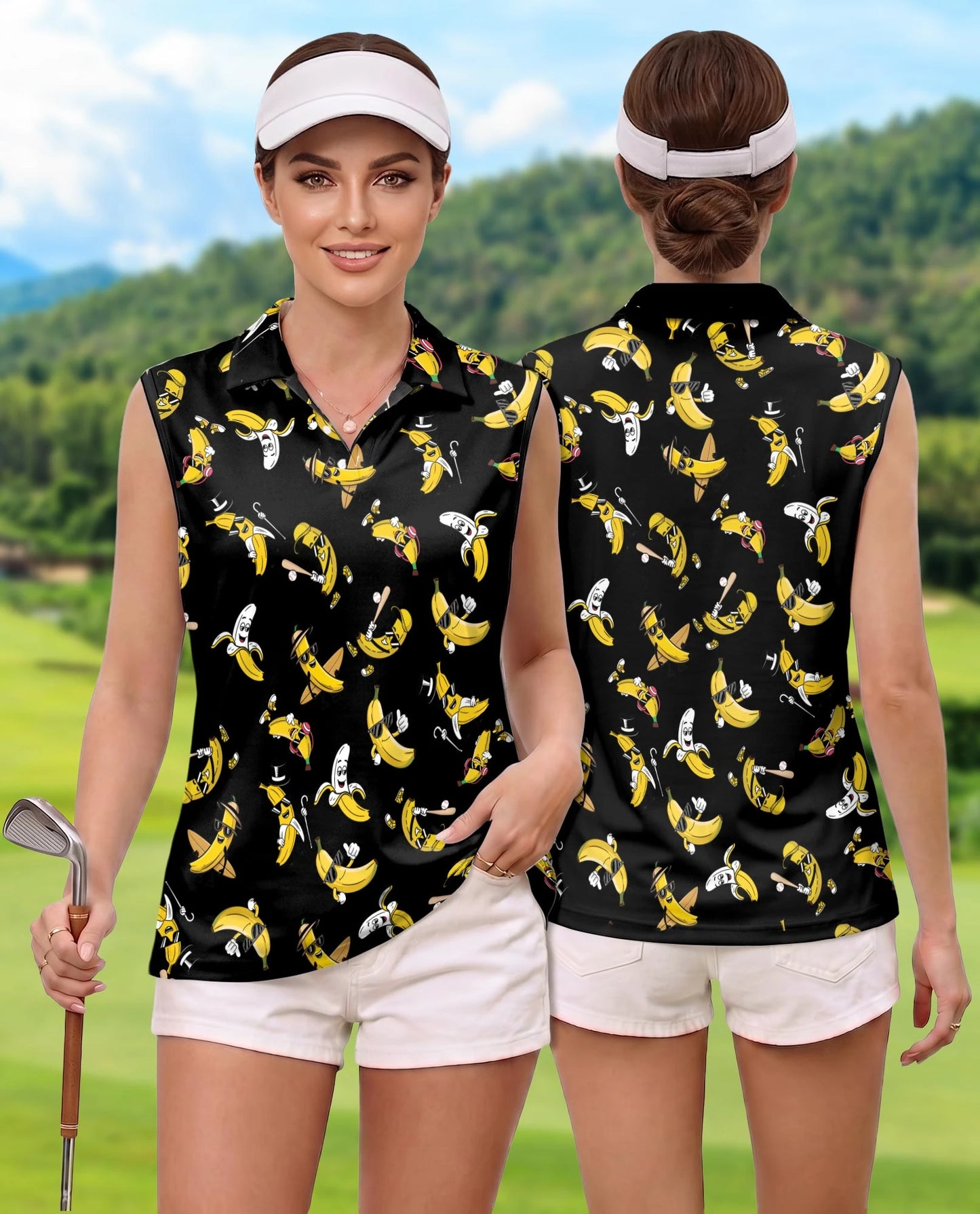Banana Pattern Sleeveless Polo Shirt for Women | Netecom