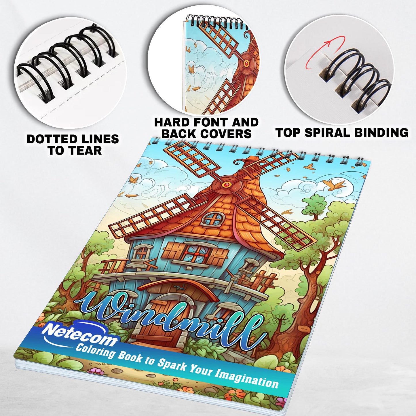 Windmill Spiral Bound Coloring Book, Unleash Your Creativity with 30 Coloring Pages, Featuring Delightful Windmills in Picturesque Rural Settings