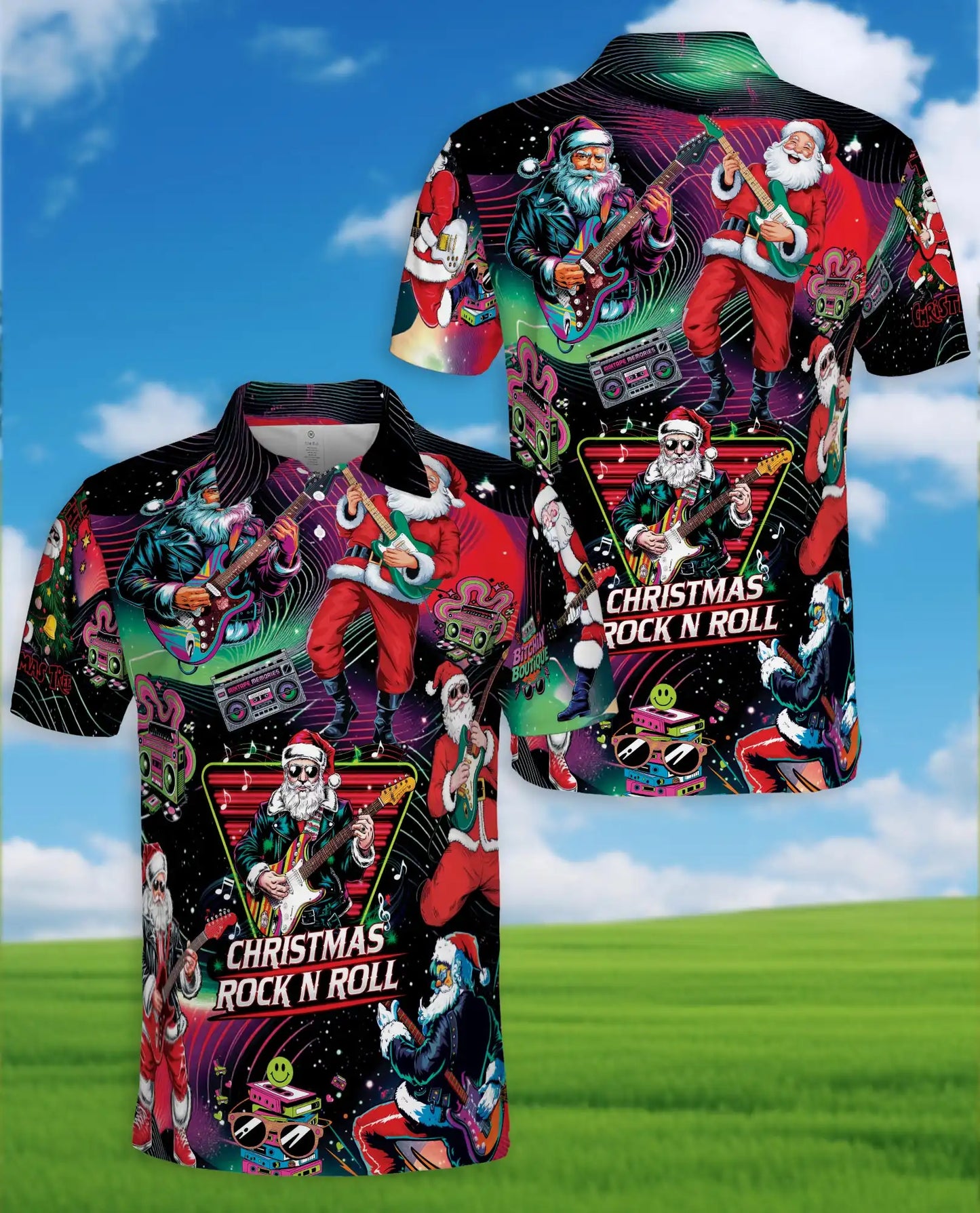 Christmas Rock Santa Polo Shirt – Retro Music Print | Netecom