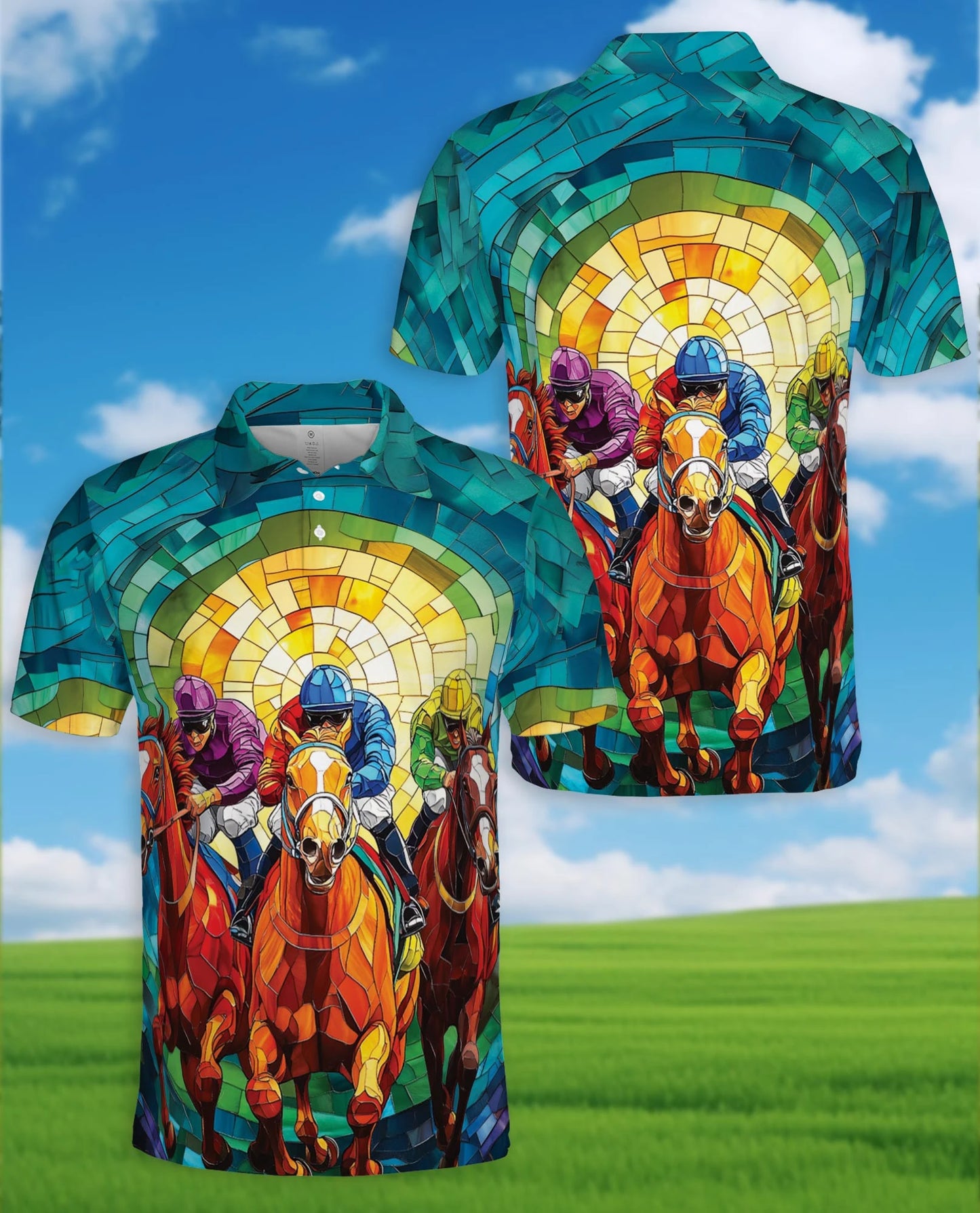 Stained Glass Racing Horse Polo Shirt for Men – Artistic Equestrian Style | Netecom