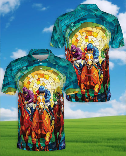 Stained Glass Racing Horse Polo Shirt for Men – Artistic Equestrian Style | Netecom