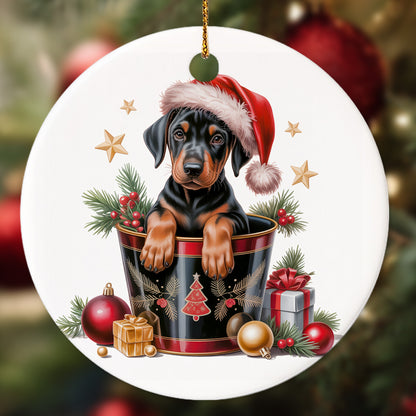 Netecom Funny Doberman in Bucket Ornament, Dog with Santa Hat Ceramic Ornament for Christmas Tree Hanging Decorations Gift, Dobie Dog Lover Gifts, Home Decor, Holiday Party Present