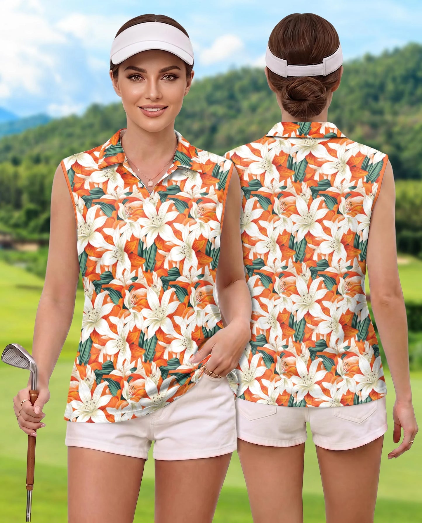 Orange Lily Print Sleeveless Polo Shirt for Women – Elegant Floral Style | Netecom