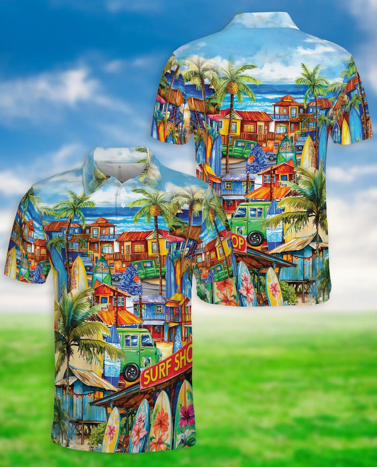 Tropical Surf Town 3D Polo Shirt for Men – Colorful Beach Vacation Style | Netecom