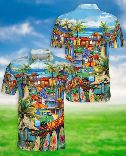 Tropical Surf Town 3D Polo Shirt for Men – Colorful Beach Vacation Style | Netecom